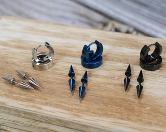 Hoop & Double Spike Stud Earring Set – Stainless Steel (Silver, Black, or Blue)