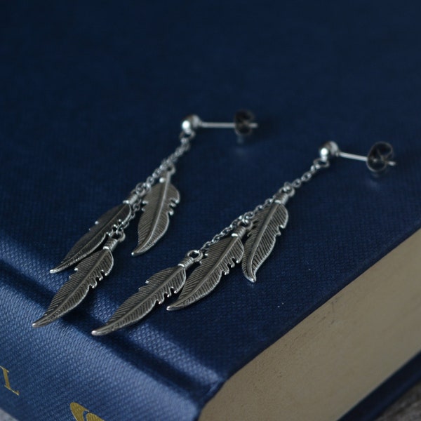 Stainless steel feather earrings. Feather dangle stud earrings for men or women