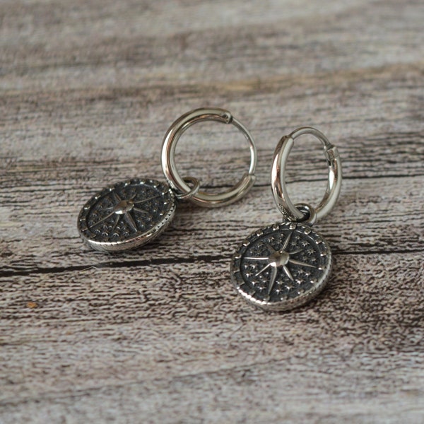 Stainless steel Disc earrings. Decorated hoop star earrings for men or women. Viking earrings