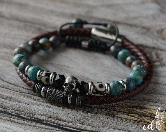 Men's Skull Bracelet Set, Leather, Agate, Stainless Steel