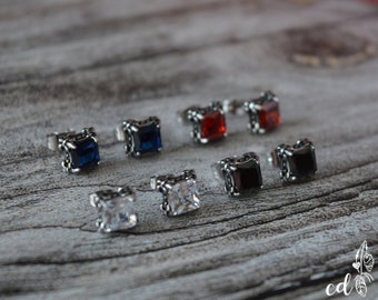 Square fanged Stainless steel crystal stud earrings. Viking earrings.