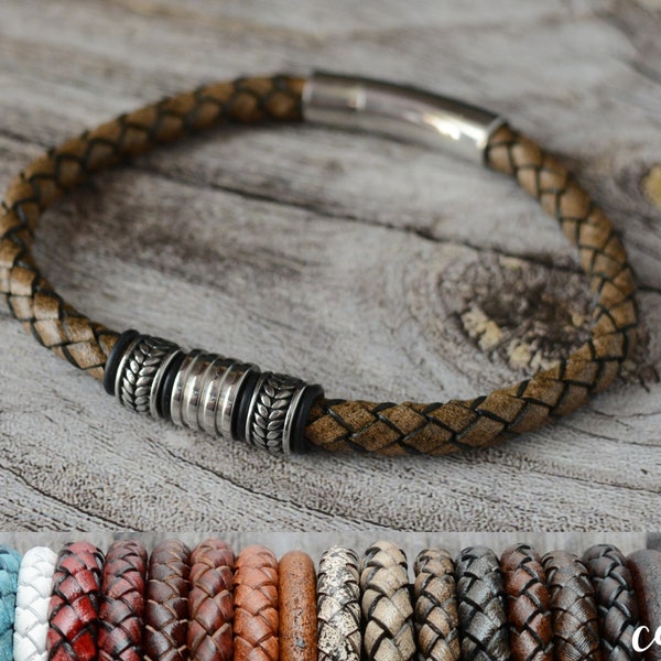 Rustic leather Viking bracelet for men or women. Stackable bracelet with Stainless steel spacer beads bead. Choose a Custom leather cord