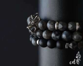 Men's Steel Wolf Bracelet Set: Labradorite & Black Onyx Viking Style