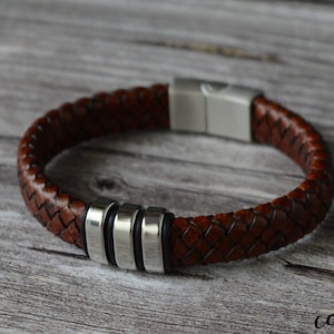 Personalized Woven Leather Bracelet: Rustic Stainless Steel Clasp