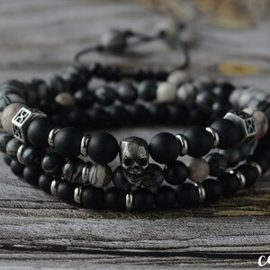 Skull Bracelet Set: Stainless Steel, Onyx & Jasper Gemstone