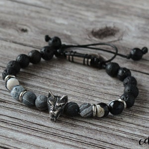 Men's Lava Stone Bracelet: Stainless Steel Wolf, Onyx, Agate