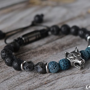 Wolf bracelet for men. Stackable bracelet with Stainless Steel Wolf bead, Crackle Agate, Larvikite & Lava gemstone. Wolf Viking bracelet