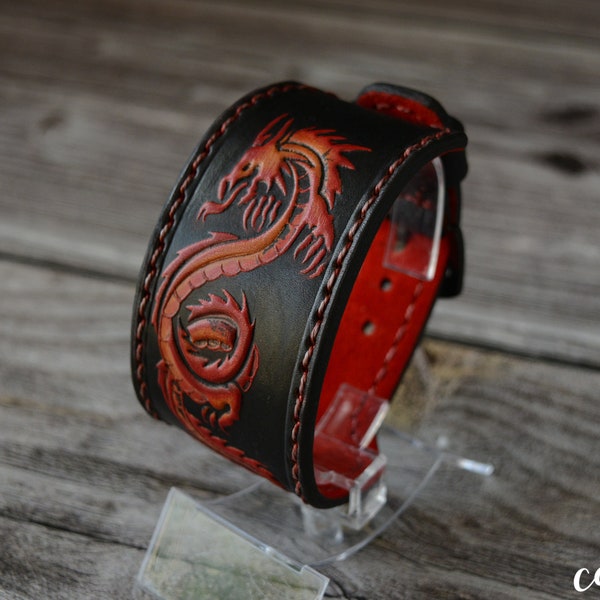 Hand painted and stitched Dragon leather cuff bracelet. Veg tanned leather cuff bracelet with Stainless steel fittings