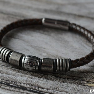 Personalized Rustic Leather Bracelet: Stainless Steel Bead Viking Style
