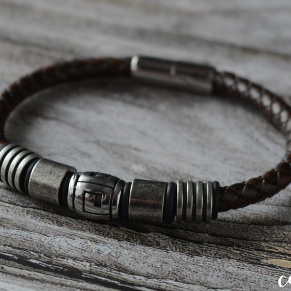 Personalized Rustic Leather Bracelet: Stainless Steel Bead Viking Style