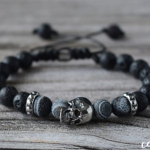 Stainless Steel Skull bracelet for men with Fire Crackle Agate and Lava gemstone beads.