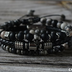 Men&#39;s Skull Bracelet Set, Black Onyx, Leather, Jasper, Stainless Steel