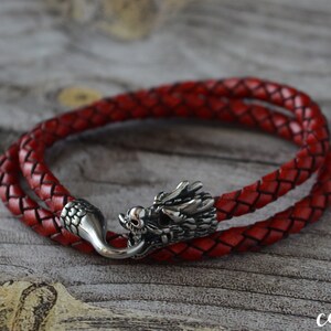 Rustic leather Viking bracelet for men or women. Cuff bracelet with Stainless steel Dragon head clasp bead. Choose a Custom leather cord