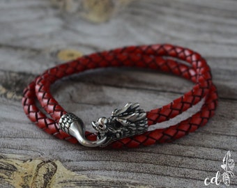 Personalized Rustic Leather Viking Bracelet: Stainless Steel Dragon Clasp