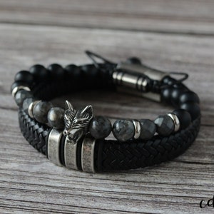 Stainless steel wolf bracelet set for men. Stackable bracelet set with Stainless Steel Wolf bead, gemstones & Leather. Wolf Viking bracelet.