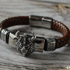 Personalized Viking Leather Bracelet: Stainless Steel Cuff for Men