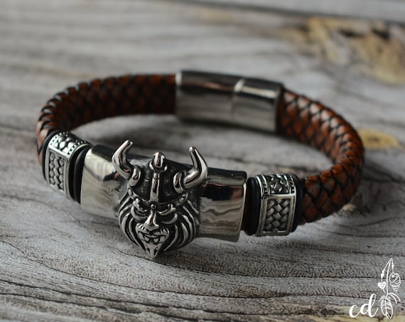 Bracelet Homme En Cuir Marron Avec Tête De Dragon - Fermoir Acier Inoxydable, 20 Cm