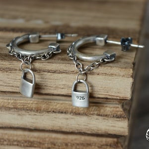 925 Sterling Silver chain and lock hoop earrings. Patterned earrings for men or women