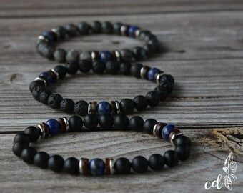 Onyx and Genuine Lapis Lazuli bracelet for men. Bracelet set with Stainless steel, Lapis Lazuli, Onyx & Coconut shell. Choose your style!