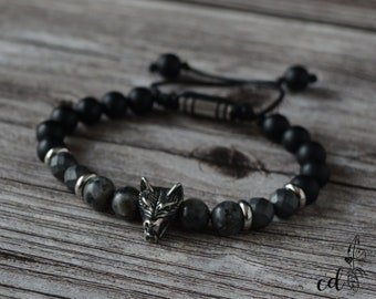 Mens Wolf Bracelet, Labradorite, Onyx, Stainless Steel Bead