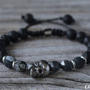 Stainless Steel Skull bracelet for men with Fire Crackle Agate and Lava gemstone beads.