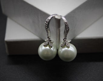 Cream Pearl and Cubic Zirconia Dangle Earrings