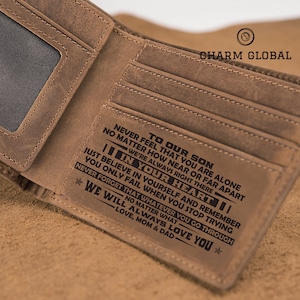 Cartera grabada para hijo-Cartera para hombre-Cartera de cuero para hijo-Cartera personalizada para hijo-Regalo de Navidad para hijo-En tu corazón Mamá y papá W34