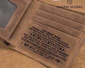 Engraved Wallet For Son-Mens Wallet-Leather Wallet For Son-Personalized Wallet For Son-Christmas Gift For Son-In Your Heart Mom & Dad W34