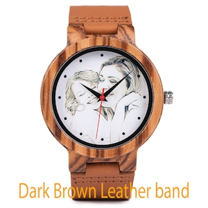 May include: A wooden wristwatch with a brown leather band. The watch face features a personalized photo of a mother and child.