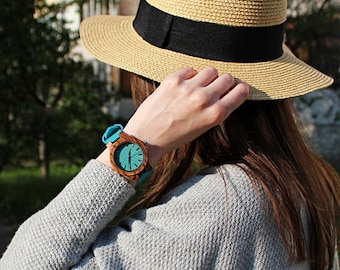 Watches For Girlfriends-Watch For Wife-Wooden Watches-Engraved Watch-Watches For Women-Bride's Mate Gifts-Personalized Gift-Blue Watch
