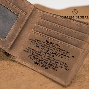 Portefeuille en cuir gravé avec message personnalisé pour fils, excellent cadeau d'anniversaire ou de Noël, W48