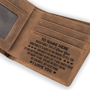 Cartera de cuero genuino grabada para hombre, regalo de aniversario personalizado, W50