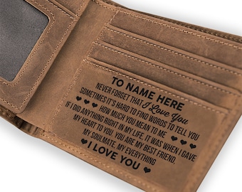 Cartera de cuero genuino grabada para hombre, regalo de aniversario personalizado, W50