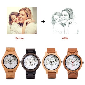 May include: Three wooden wristwatches with different colored bands. Each watch face features a black and white sketch of a mother and daughter hugging.