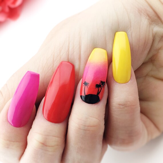 Palm Tree Sunset Ombre Nails Sunset Pink Red Yellow | Etsy