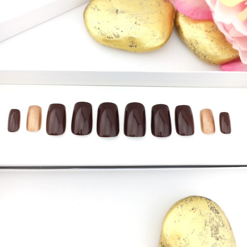Mahogany Copper Nails Press On Nails Pop On Nails Dark Red Nail Custom Nail Art Burgundy Maroon Short Stiletto Copper Accent Nail