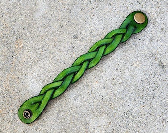 leather bracelet / cuff for men or women, mystery braided, handmade, Green