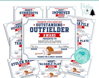 Baseball Awards Template End of Season Certificate Printable EDITABLE Digital 11x8.5 INSTANT DOWNLOAD Sports Player Gift Little League
