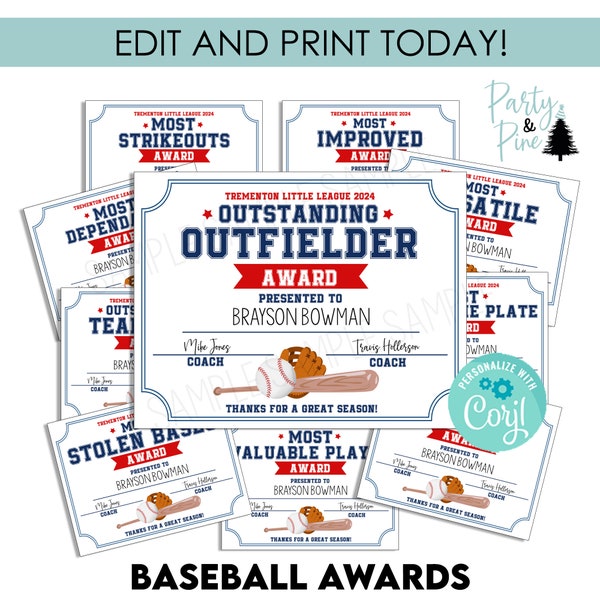 Modèle de récompenses de baseball certificat de fin de saison imprimable MODIFIABLE numérique 11 x 8,5 TÉLÉCHARGEMENT IMMÉDIAT cadeau joueur de sport petite ligue