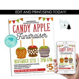 May include: A poster advertising a candy apple fundraiser, featuring the text "CANDY APPLE Fundraiser" and the date "NOVEMBER 12TH | 3PM-6PM". The poster includes illustrations of candy apples and the price of £5 per apple.