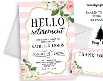 Retirement Party Invitation Invite Digital 5x7 Watercolor Floral Elegant Women Luncheon Party Retired Stripes Pink