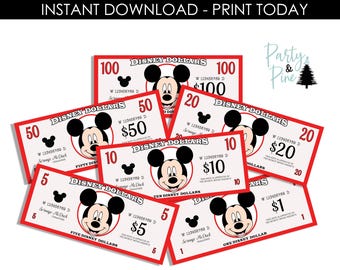 Printable Mickey Mouse Play Money Spending Voucher Disneyland Instant Download Bundle Dollars Red Kids Fun Digital 6x2.5