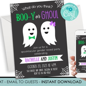 Editable Boo or Ghoul Gender Reveal Invitation Invite Baby Halloween Digital 5x7 Purple Green Party Boo-y Instant Download