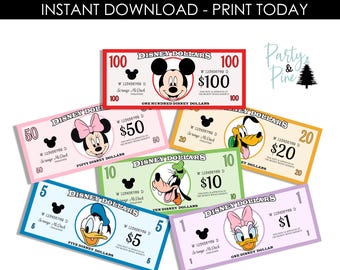 Printable Disneyland Play Money Spending Kids Disneyworld Instant Download Dollars Mickey Mouse and Friends Digital 6x2.5 Colorful Bills