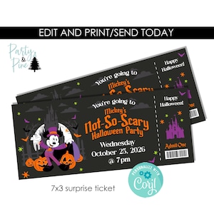 May include: A black rectangular ticket featuring Mickey Mouse in a purple and orange suit, surrounded by pumpkins, bats, and a castle silhouette. The text reads: You're going to Mickey's Not-So-Scary Halloween Party, Wednesday October 25, 2026 at 7pm.
