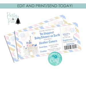 Editable Disneyland Baby Shower Ticket Invitation Invite 6.5x3 Instant Download Castle Template Neutral Girl Boy