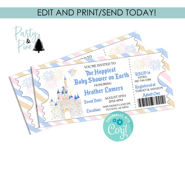 Editable Disneyland Baby Shower Ticket Invitation Invite 6.5x3 Instant Download Castle Template Neutral Girl Boy