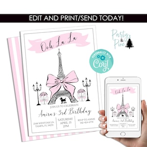 Editable Paris Coquette Birthday Invite Invitation Digital 5x7 Pink Template Kids Party Instant Download French Ooh La La France