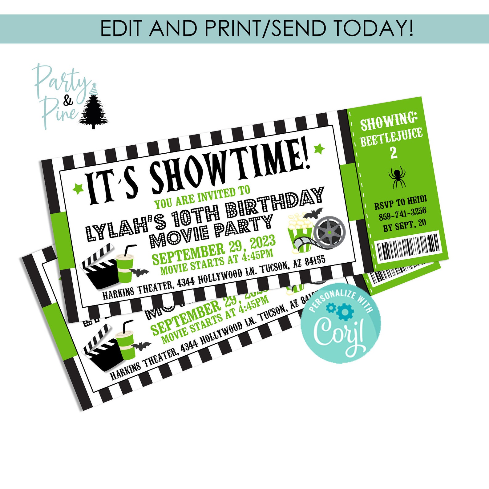 Editable Green Beetle Movie Birthday Invitation 7x3 Invite Ticket Party ...