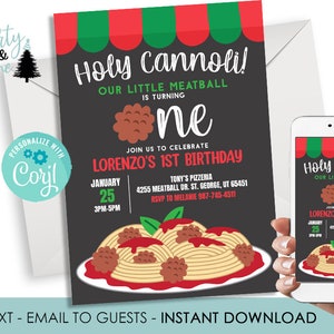Editable Meatball Birthday Invitation Spaghetti Digital 5x7 Template Holy Cannoli Instant Download Kids 1st First ONE Italian
